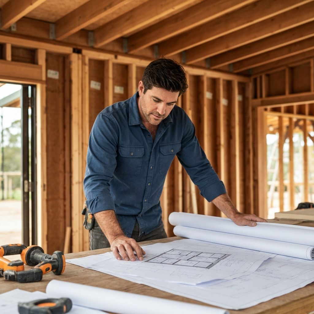 383 Design Homes builder reviewing architectural plans – detail-oriented craftsmanship